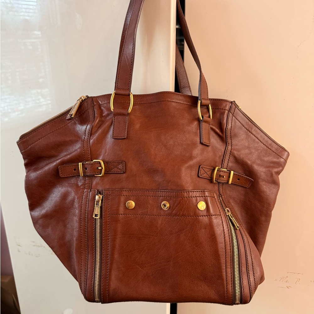 Yves Saint Laurent Brown Leather Tote with Gold Details